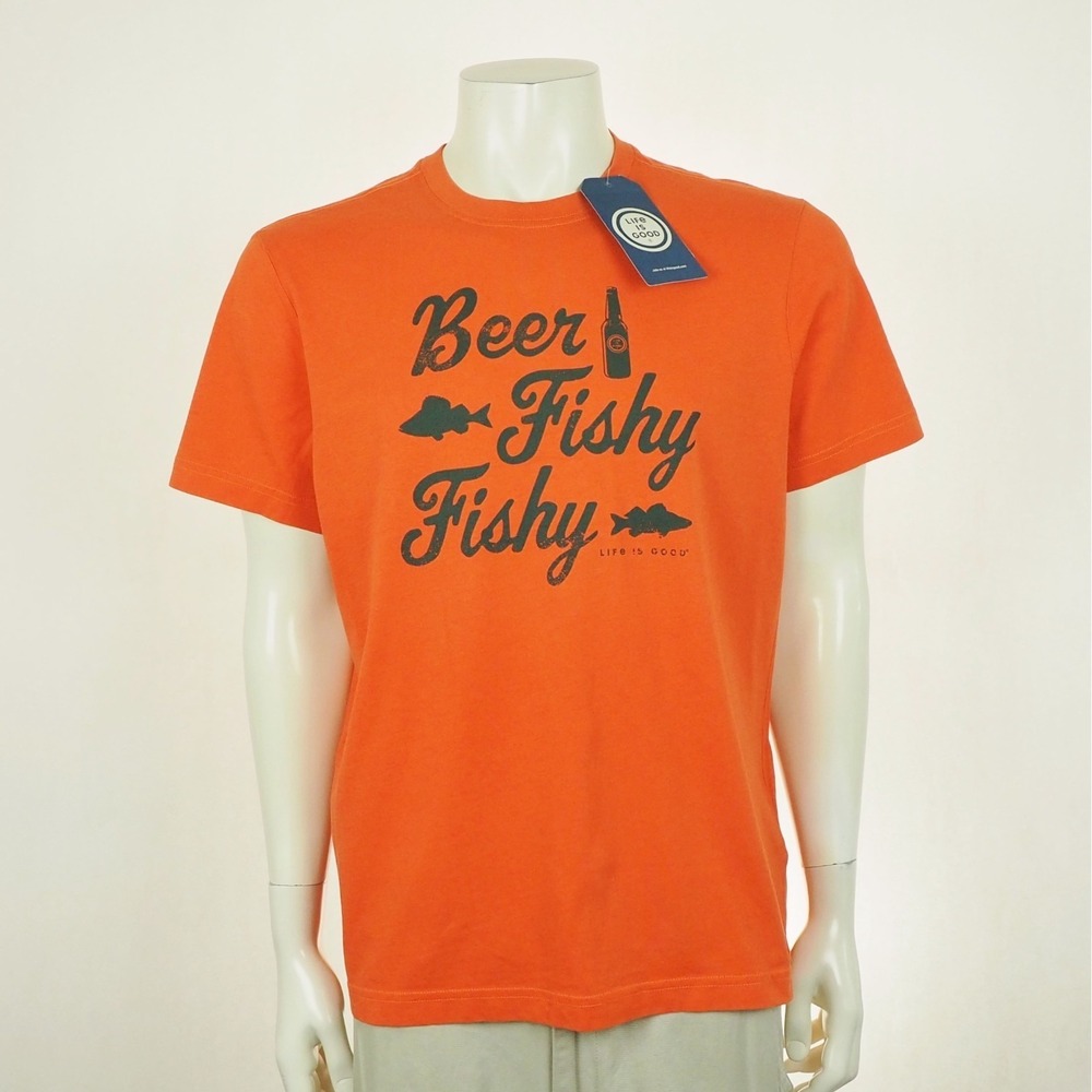New Life is Good Beer Fishy Crusher Tee Shirt Mens Medium Orange Fishing Cotton